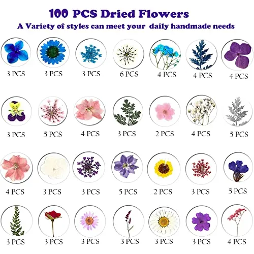 100pcs Dried Pressed Flowers for Resin, Real Pressed Flowers Dry Leaves Bulk Natural Herbs Kit for Scrapbooking DIY Art Crafts, Epoxy Resin Jewelry,