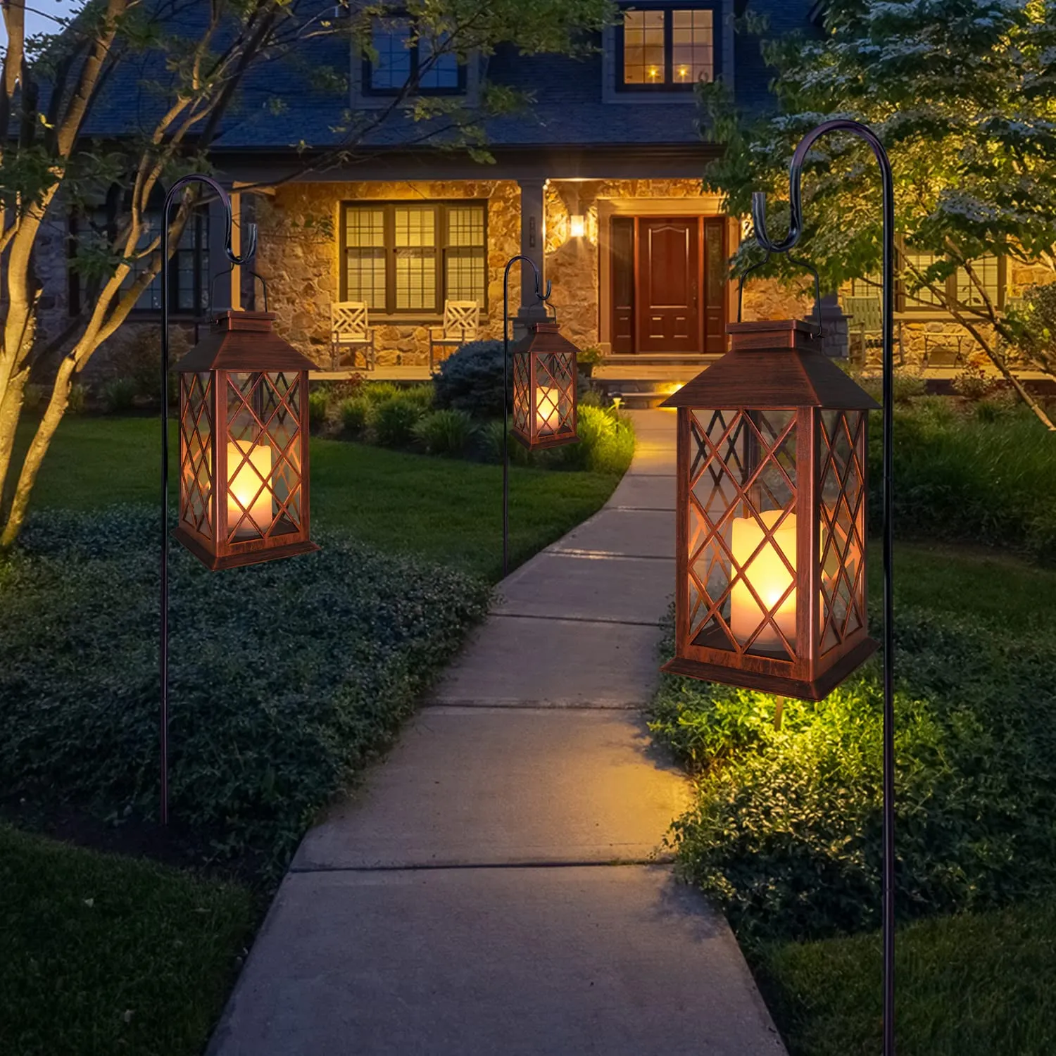 [2 Pack] TAKE ME 14" Solar Lantern Outdoor Garden Hanging Lantern Waterproof LED Flickering Flameless Candle Mission Lights for Table,Outdoor, Christmas Gifts