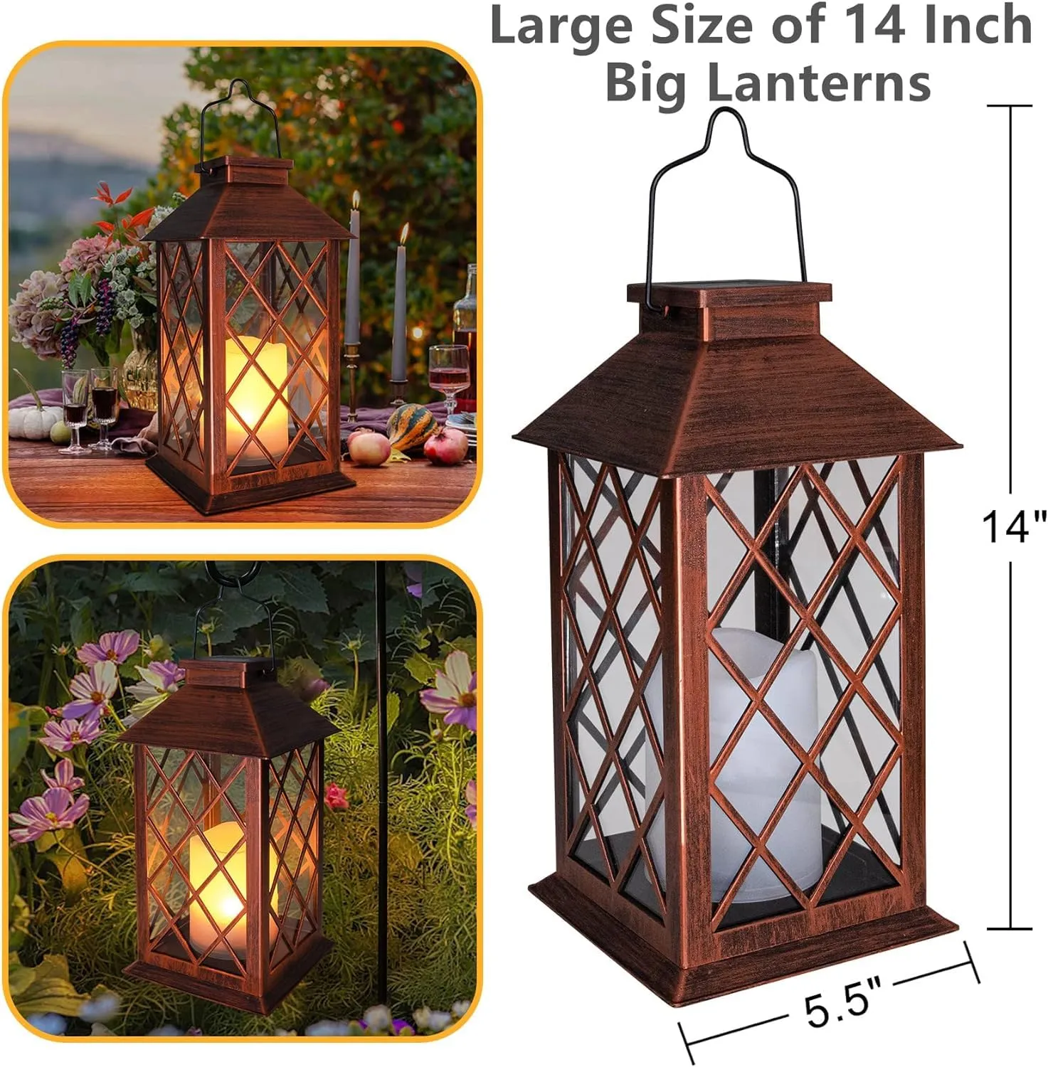 [2 Pack] TAKE ME 14" Solar Lantern Outdoor Garden Hanging Lantern Waterproof LED Flickering Flameless Candle Mission Lights for Table,Outdoor, Christmas Gifts