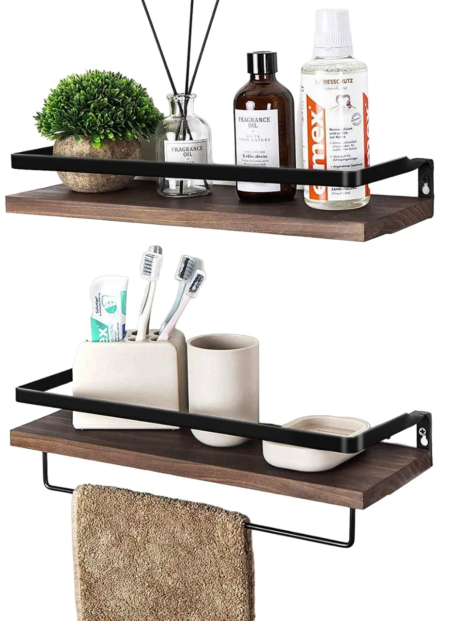 2 Tier Rustic Floating Wall Shelves with Rails