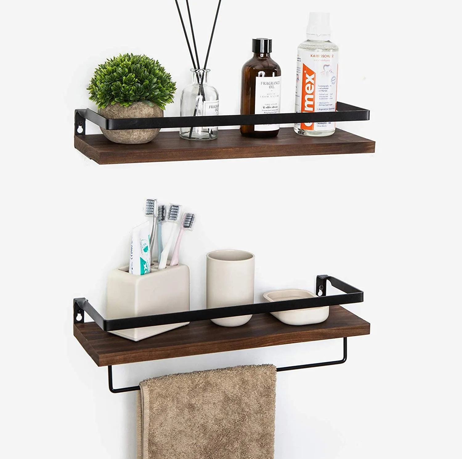 2 Tier Rustic Floating Wall Shelves with Rails