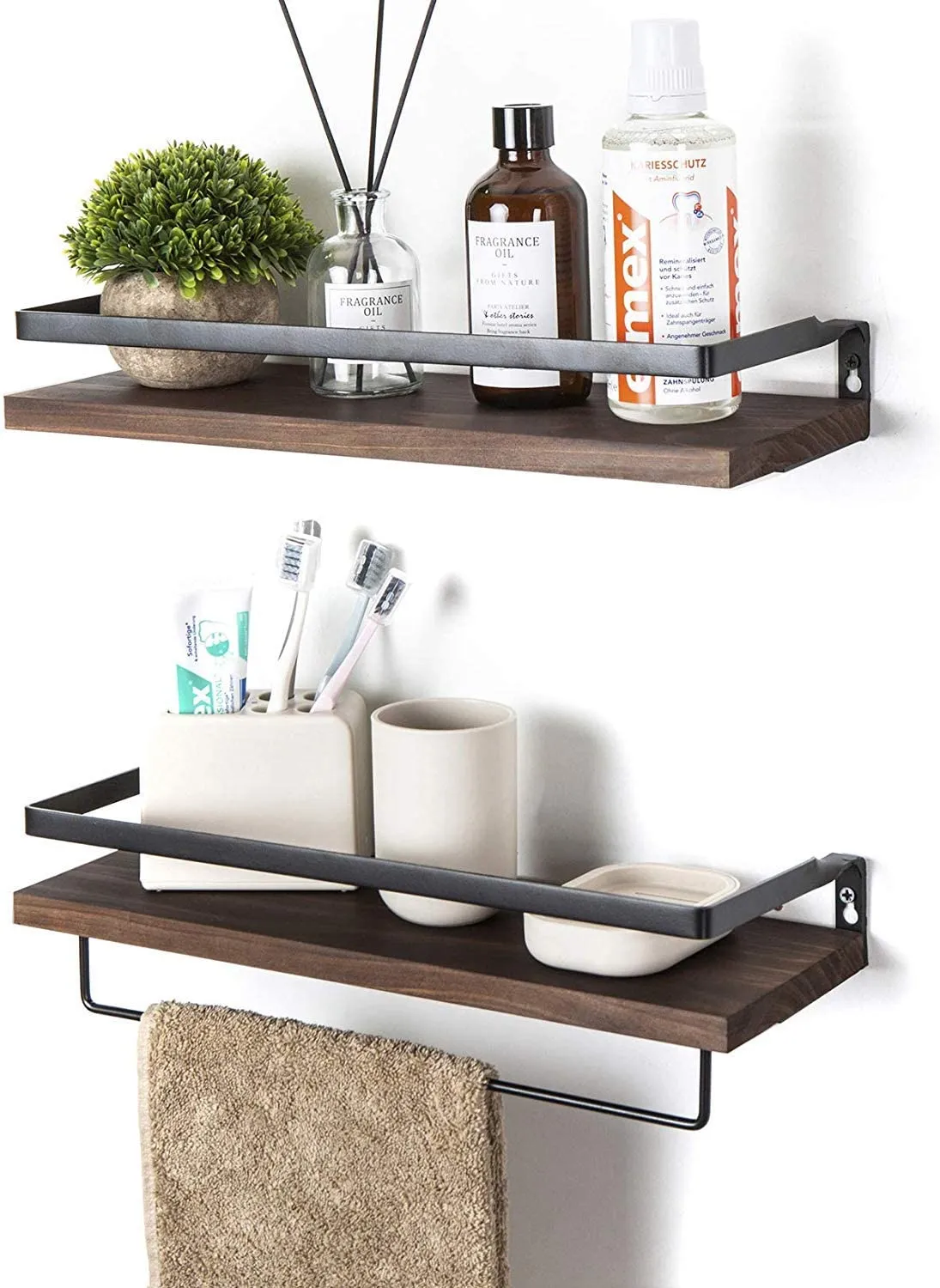 2 Tier Rustic Floating Wall Shelves with Rails