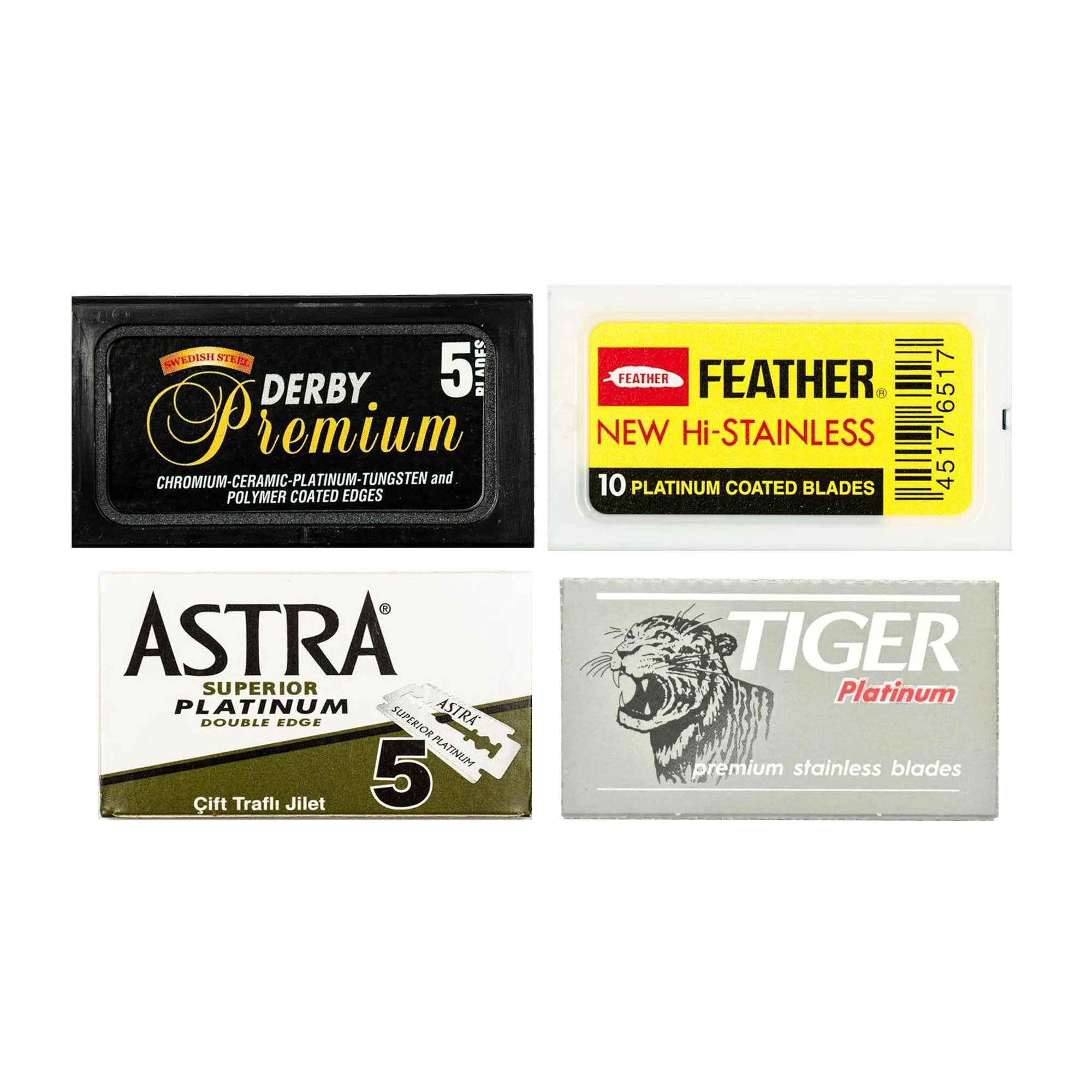 35pc Razor Blade Sampler: Derby Premium, Feather, Astra and Tiger Platinum