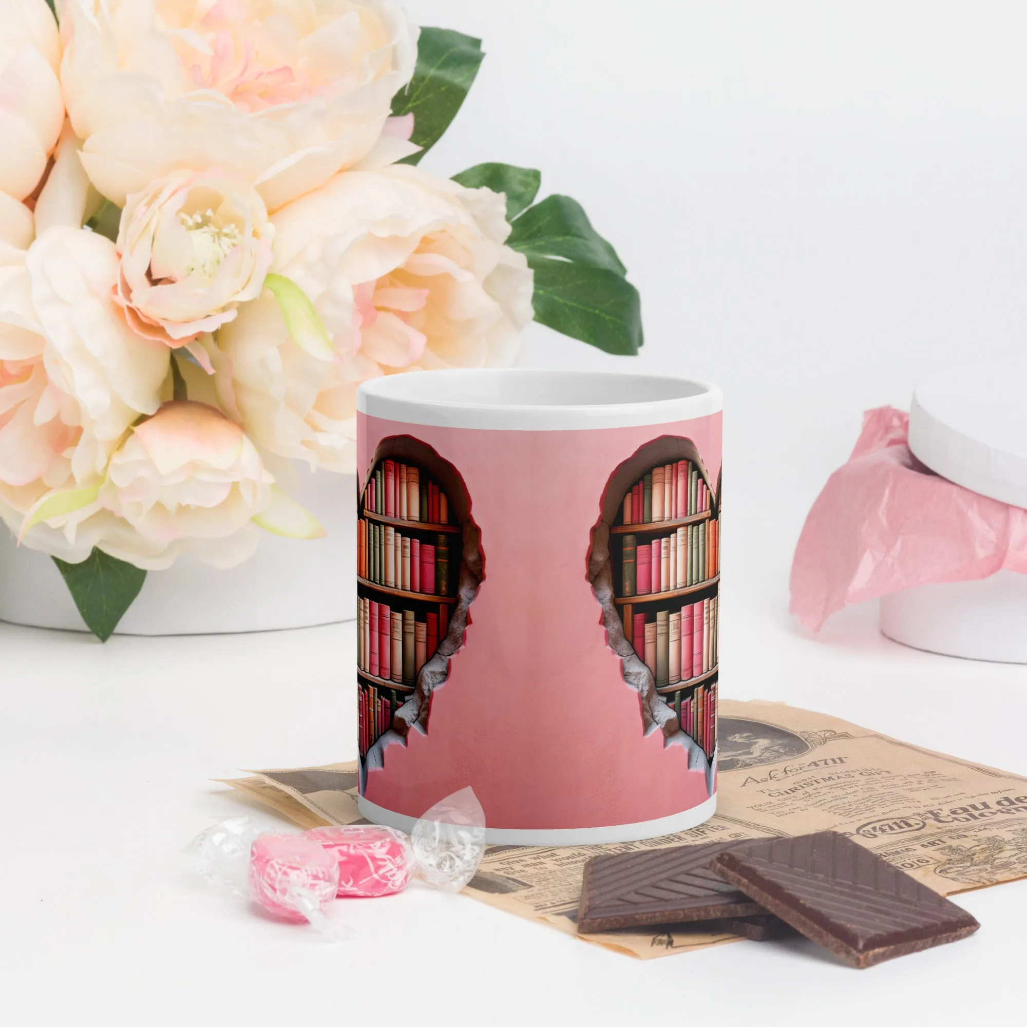 3D Pink Hearts Book Lovers  Mug