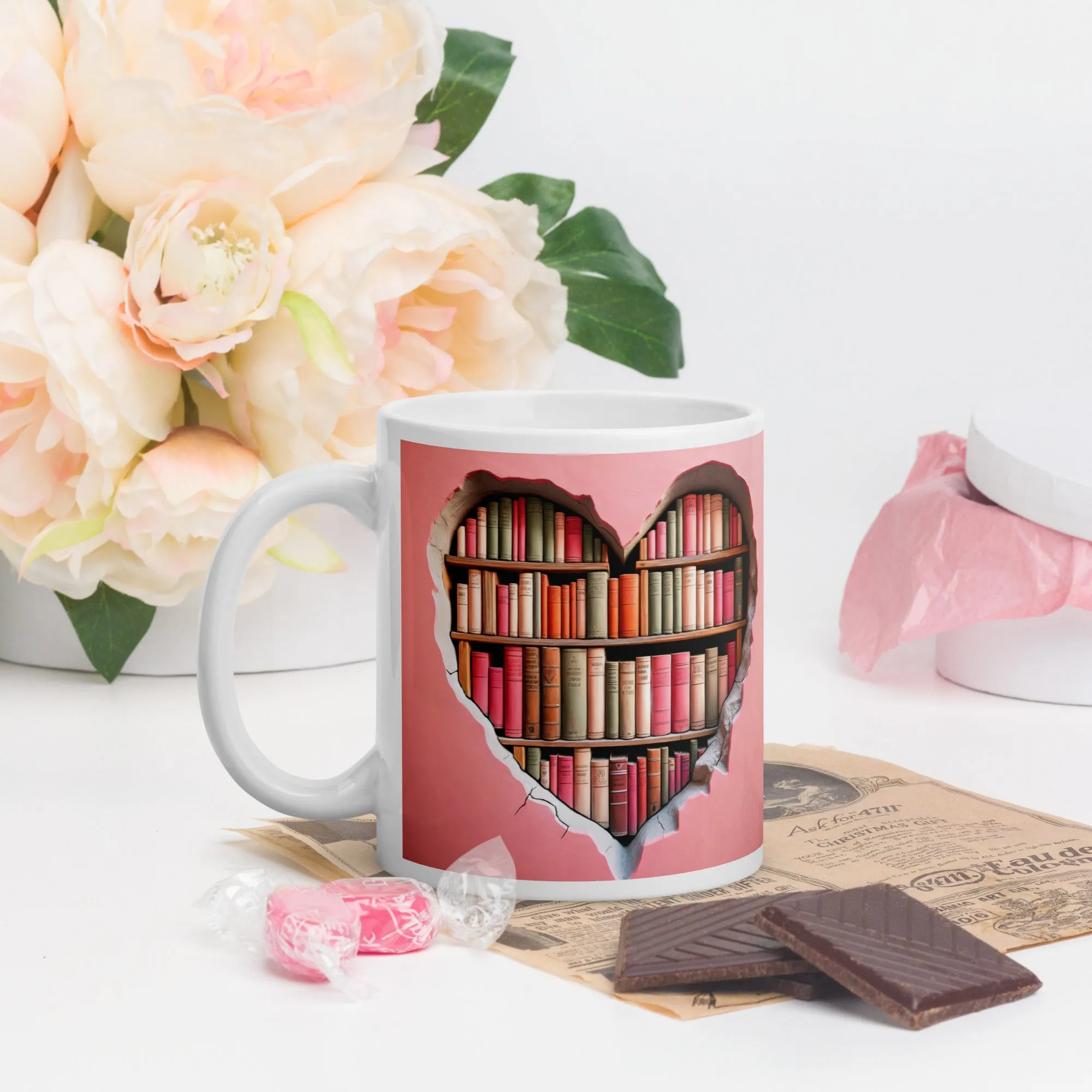 3D Pink Hearts Book Lovers  Mug