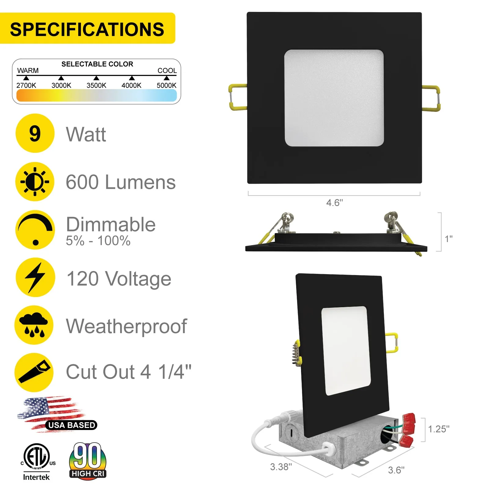 4" Inch Square Black Canless Recessed Lighting Slim LED Wafer Lights - Wet Rated - 5CCT 2700K-5000K - 630LM