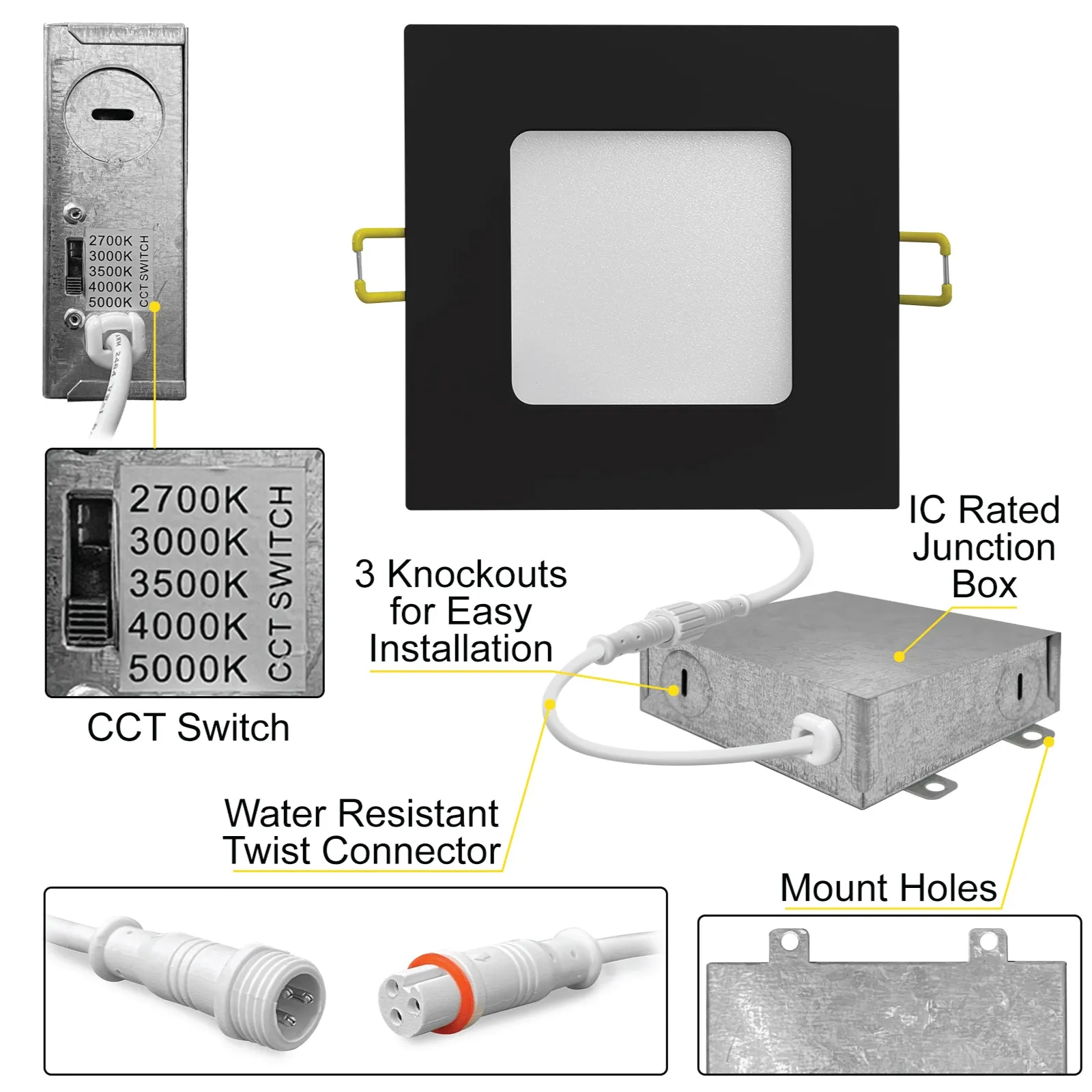 4" Inch Square Black Canless Recessed Lighting Slim LED Wafer Lights - Wet Rated - 5CCT 2700K-5000K - 630LM