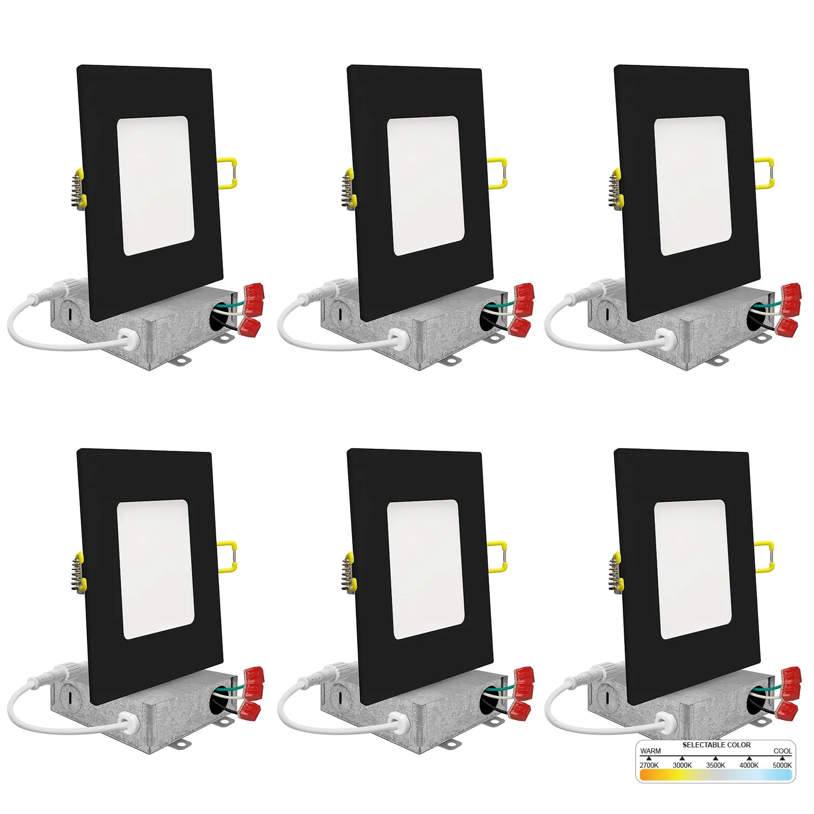 4" Inch Square Black Canless Recessed Lighting Slim LED Wafer Lights - Wet Rated - 5CCT 2700K-5000K - 630LM