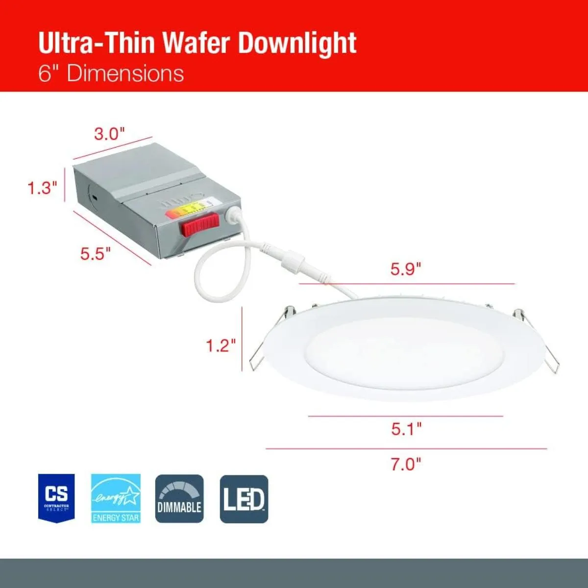 6" Wafer Ultra-Thin LED Recessed Light, 13 Watts, 1000 Lumens, Selectable CCT, White Finish