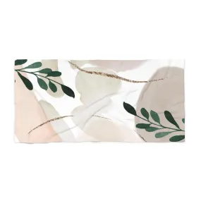 Abstract Boho Bath, Beach Towel | Blush Beige, Green Leaves