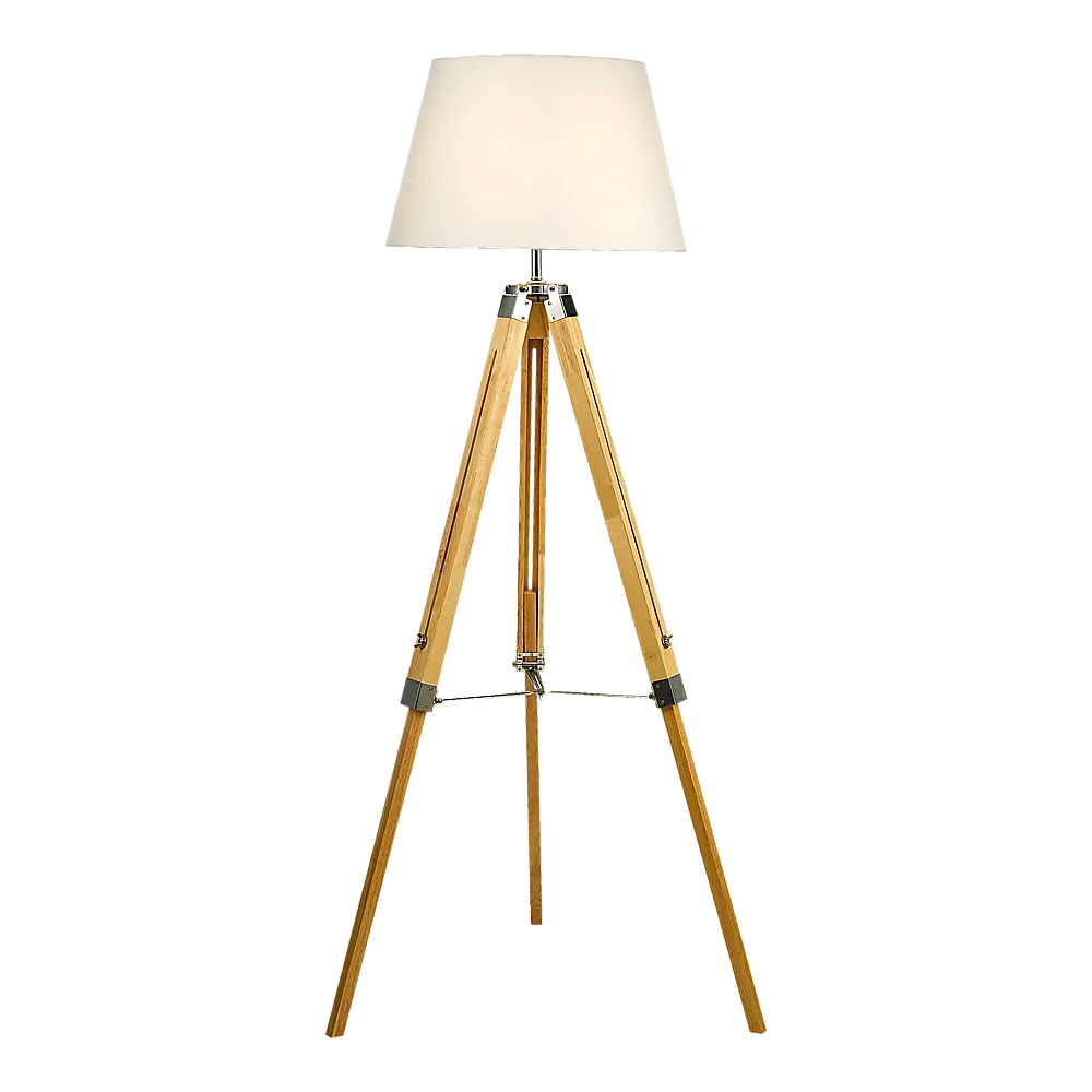 Adjustable Wood Tripod Floor Lamp, Fabric Shade, 145cm