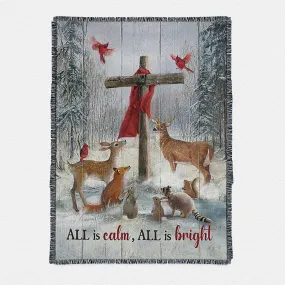 All Is Calm All Is Bright Animal Wooden Cross Woven Throw Boho Blanket - Christian Woven Throw Blanket Prints - Bible Verse Woven Throw Blanket Art