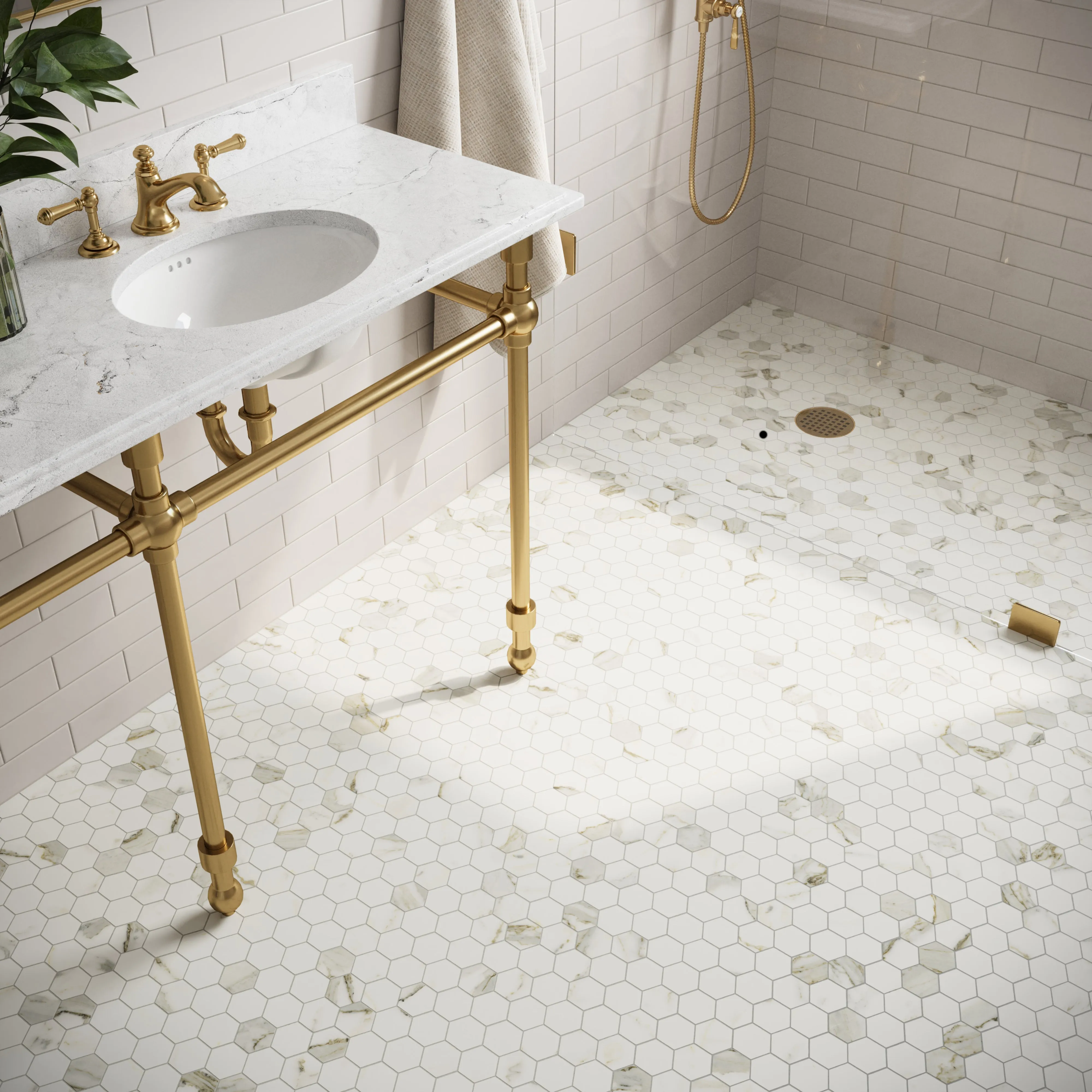 Aniston 2x2 Matte Porcelain Hexagon Mosaic Tile in Calacatta Top