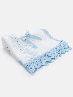 Baby Open Dot Knitted Spanish Blanket with Bow - White and Baby Blue