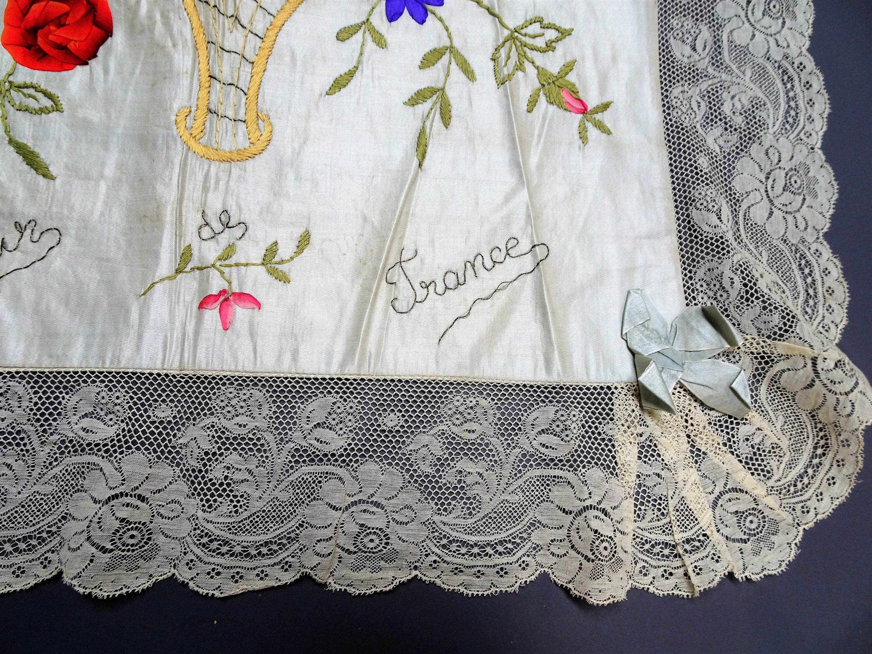 BEAUTIFUL Antique French Ribbon Roses Flowers Souvenir Pillow Case,Gorgeous Handworked Ribbon Flowers,Wide French Lace,WWI Gift From France