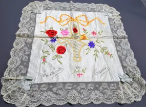 BEAUTIFUL Antique French Ribbon Roses Flowers Souvenir Pillow Case,Gorgeous Handworked Ribbon Flowers,Wide French Lace,WWI Gift From France