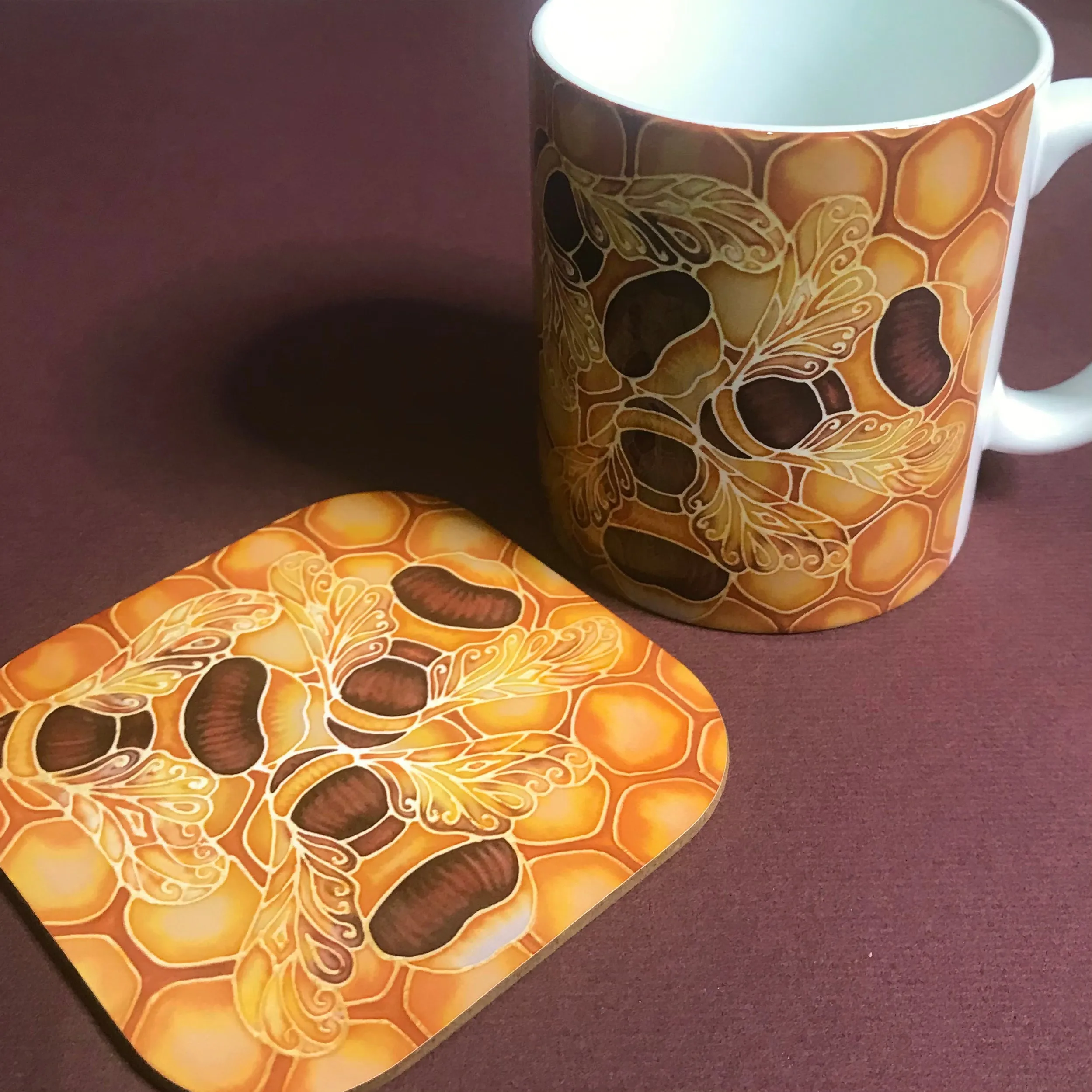 Bees and Honeycomb Mug and Coaster Set - Golden Bumble Bees Mug Gift - Gold Caramel Bee Gift