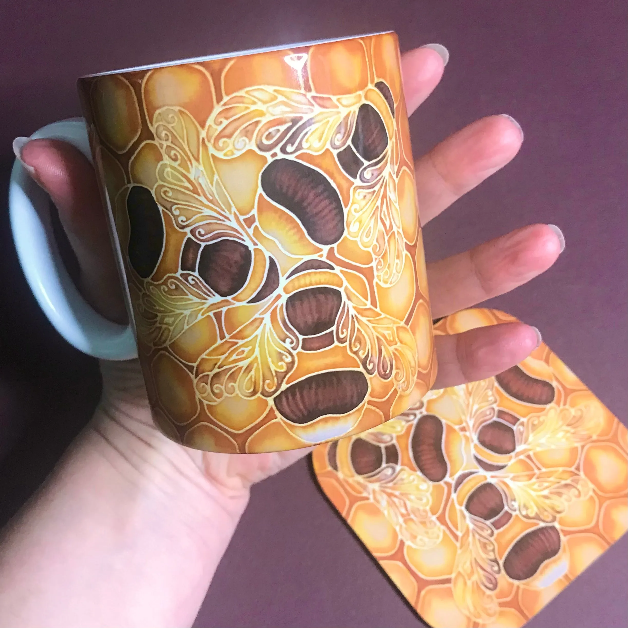 Bees and Honeycomb Mug and Coaster Set - Golden Bumble Bees Mug Gift - Gold Caramel Bee Gift