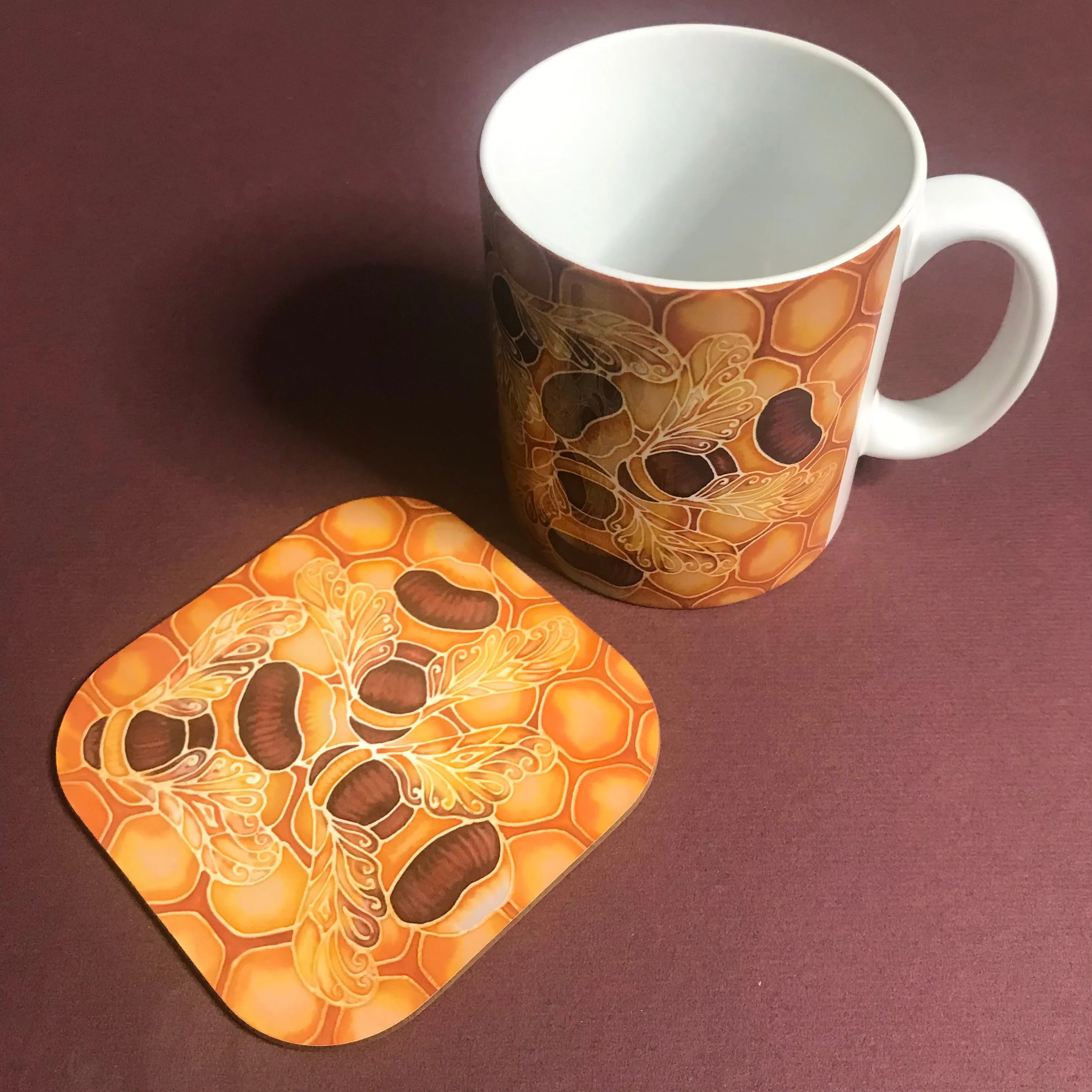 Bees and Honeycomb Mug and Coaster Set - Golden Bumble Bees Mug Gift - Gold Caramel Bee Gift