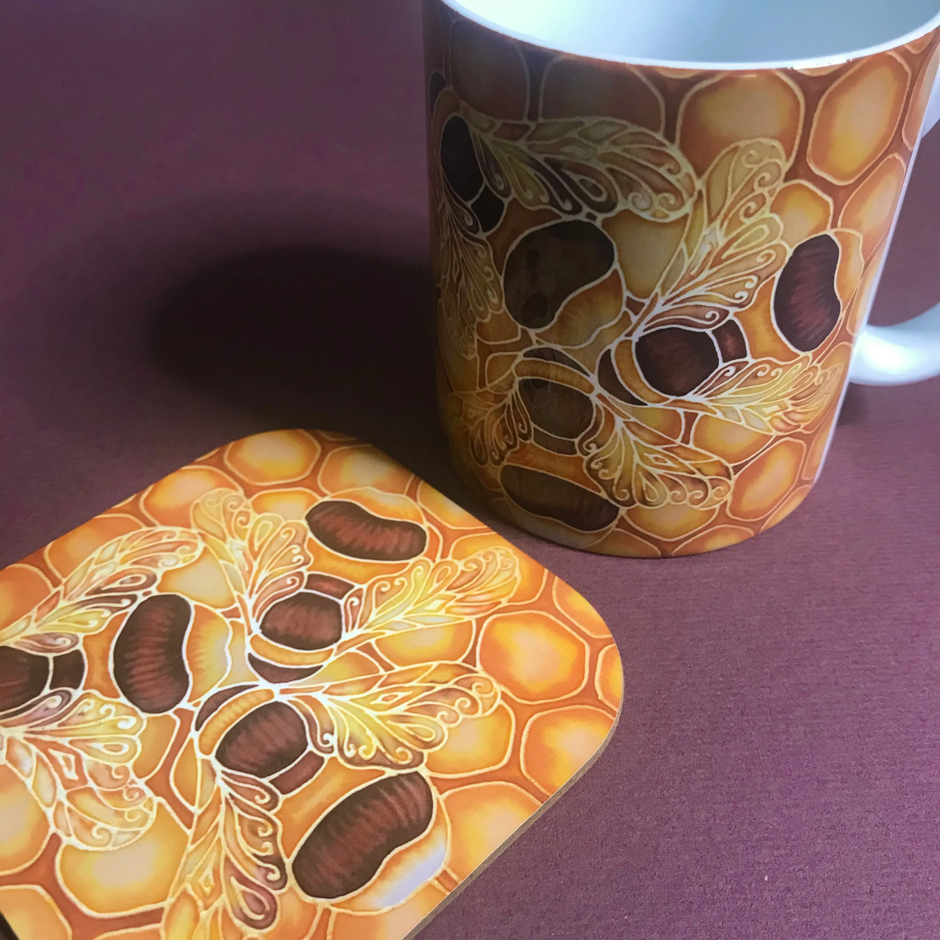 Bees and Honeycomb Mug and Coaster Set - Golden Bumble Bees Mug Gift - Gold Caramel Bee Gift