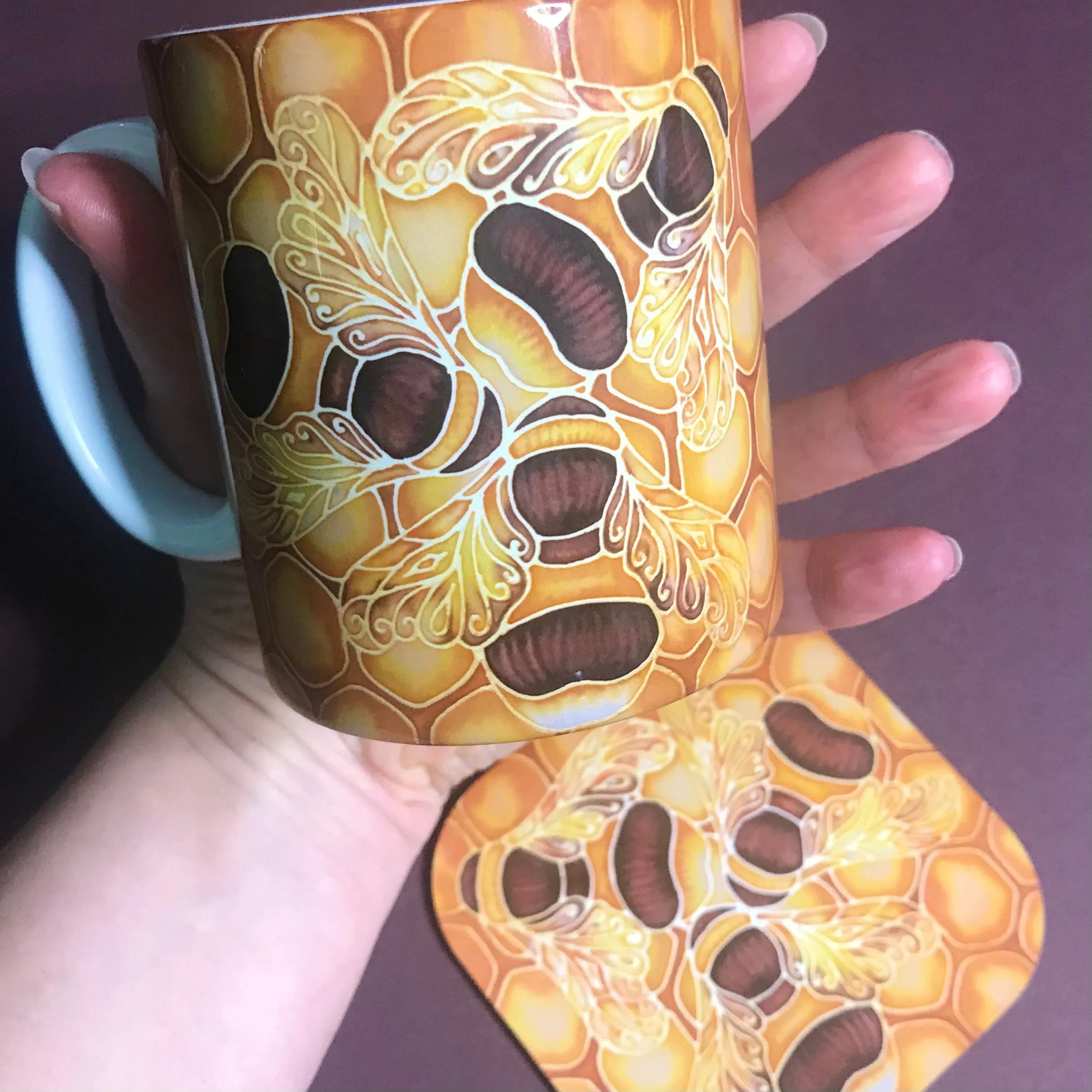 Bees and Honeycomb Mug and Coaster Set - Golden Bumble Bees Mug Gift - Gold Caramel Bee Gift