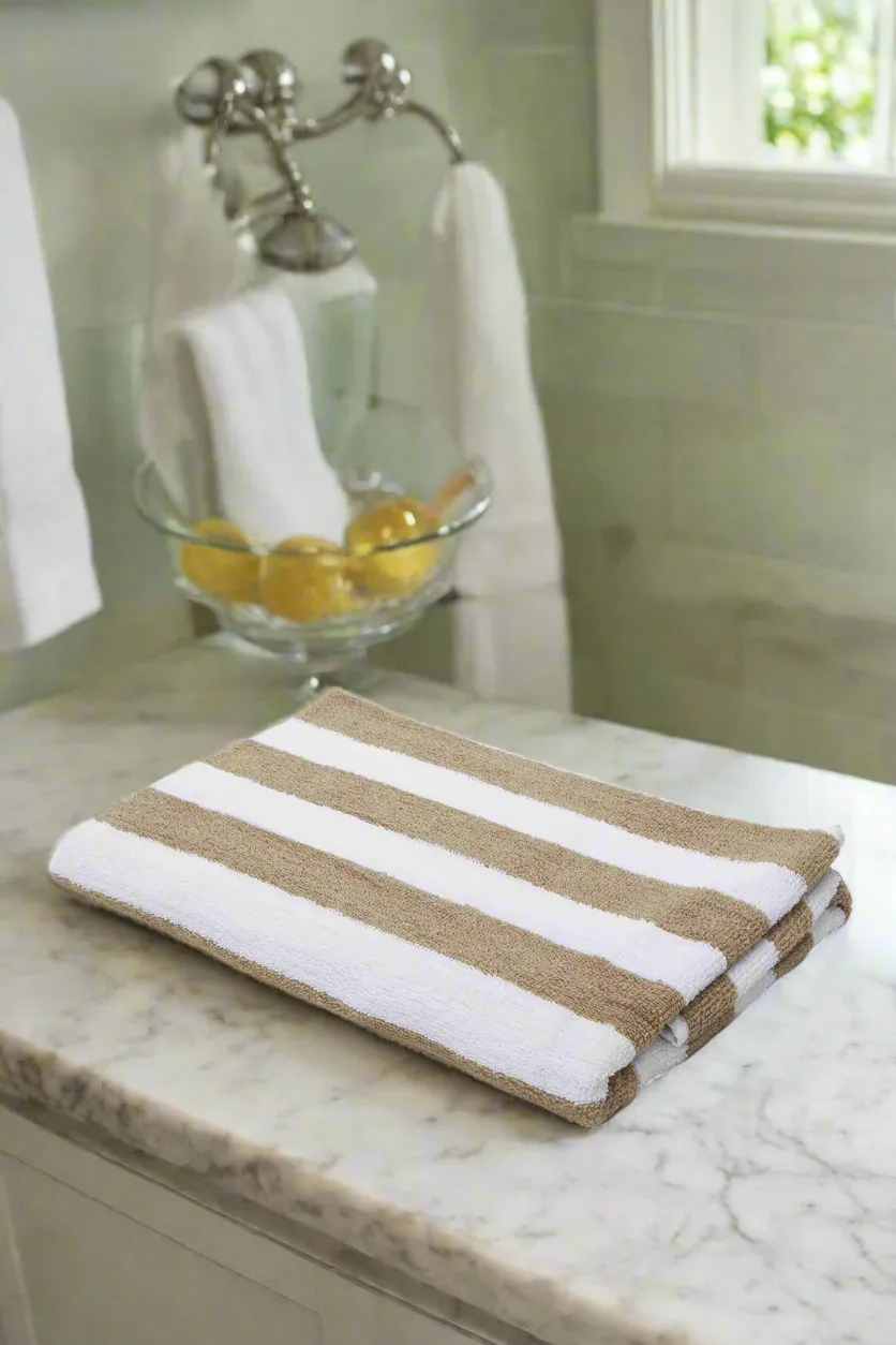 Beige And White Striped Bath Towel