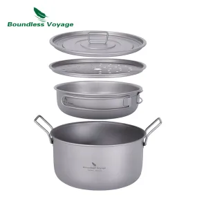 Boundless Voyage Multifunctional Titanium Steamer Soup Pot Frying Pan Set with Lid Outdoor Camping Wok Tea Tray Saucepan Mess Kit