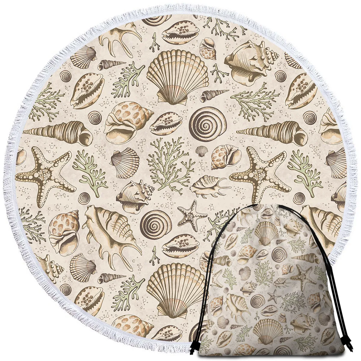 Brown Seashells Round Beach Towel