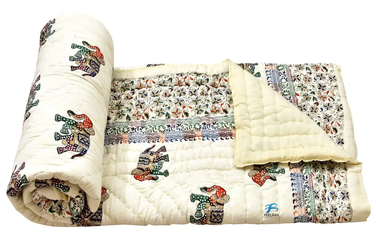 BRULD Jaipuri Razai Rajsthani Traditional Hand Stitched Lightweight Pure Cotton Winter and Summer Jaipuri Ac Quilt Razai/Rajai/Blanket/Comforter (Multi Elephant, Single Bed Set of 2, 55X85 Inches)