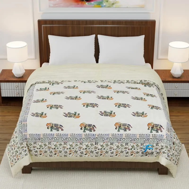 BRULD Jaipuri Razai Rajsthani Traditional Hand Stitched Lightweight Pure Cotton Winter and Summer Jaipuri Ac Quilt Razai/Rajai/Blanket/Comforter (Multi Elephant, Single Bed Set of 2, 55X85 Inches)