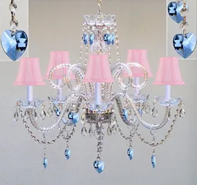 Chandelier Lighting W/ Crystal Pink Shades & Hearts H25" X W24" - Perfect For Kid'S And Girls Bedroom - Go-A46-Pinkshades/B85/387/5/Pinkhearts