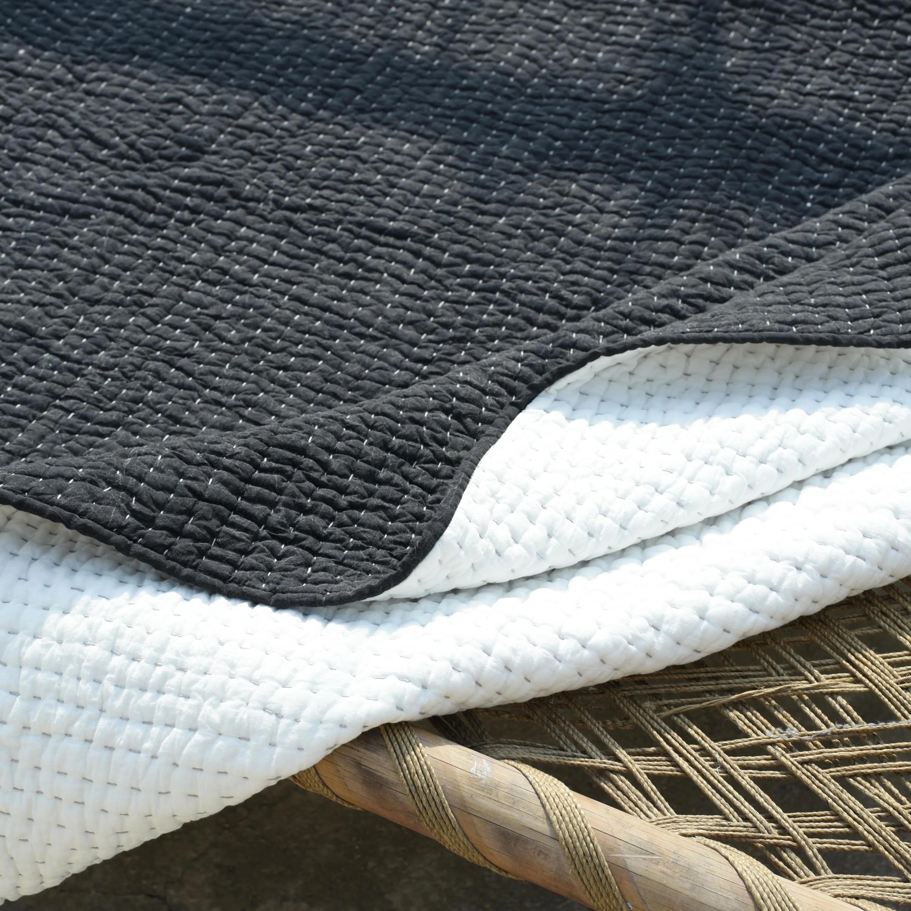 Charcoal grey colour stonewashed kantha quilt bed sets - 100% cotton, Sizes available