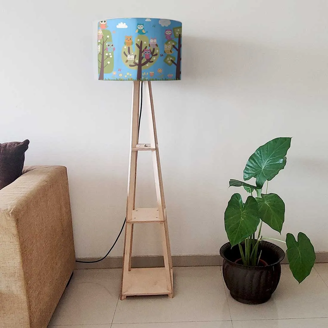 Children Standing Wooden Tripod Light Lamps- Owl and Tree