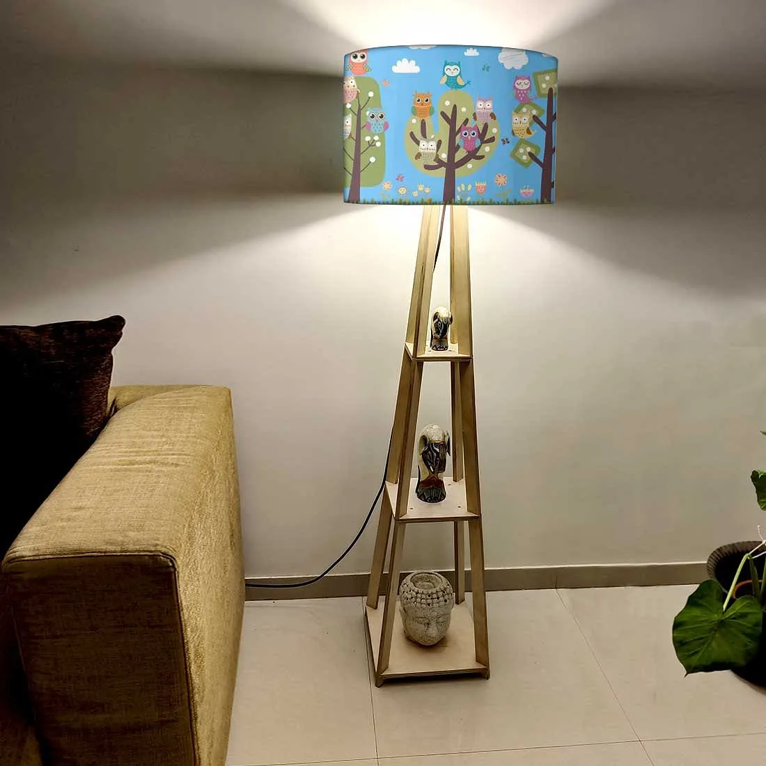 Children Standing Wooden Tripod Light Lamps- Owl and Tree