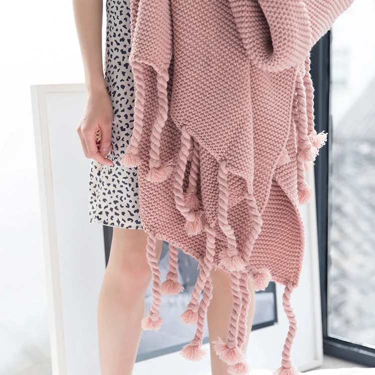 Chunky Knit Blanket, Wool Plush Throw Blanket, Tassel Throw Blanket Pink