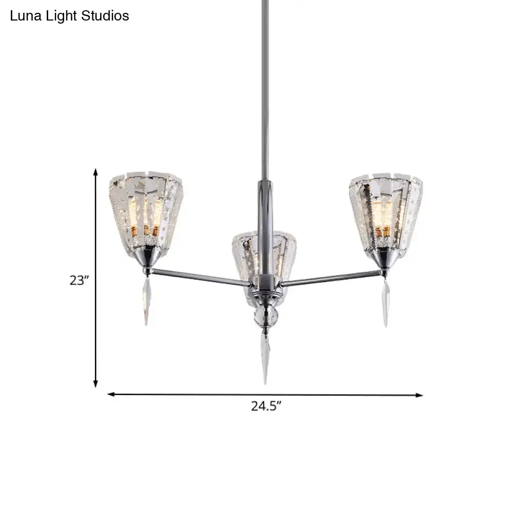 Clear Crystal Cone Shade Chandelier with Straight Metal Arms in Chrome