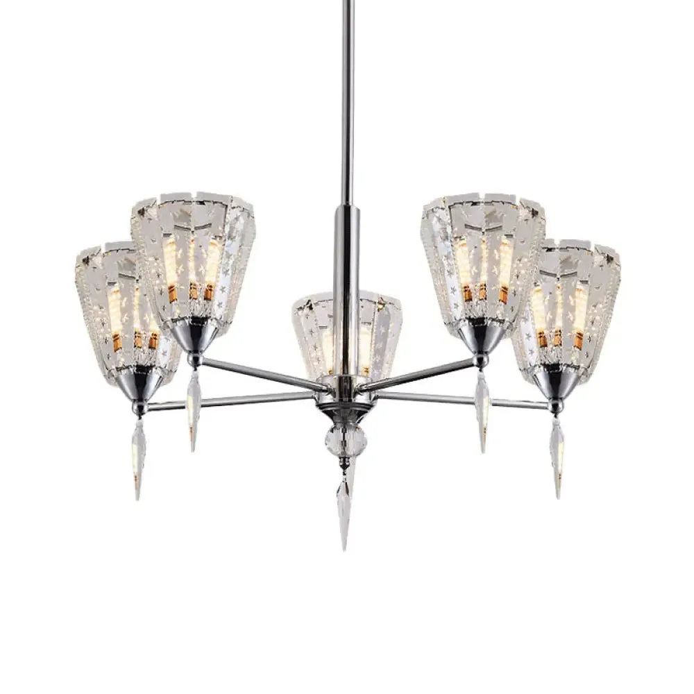 Clear Crystal Cone Shade Chandelier with Straight Metal Arms in Chrome