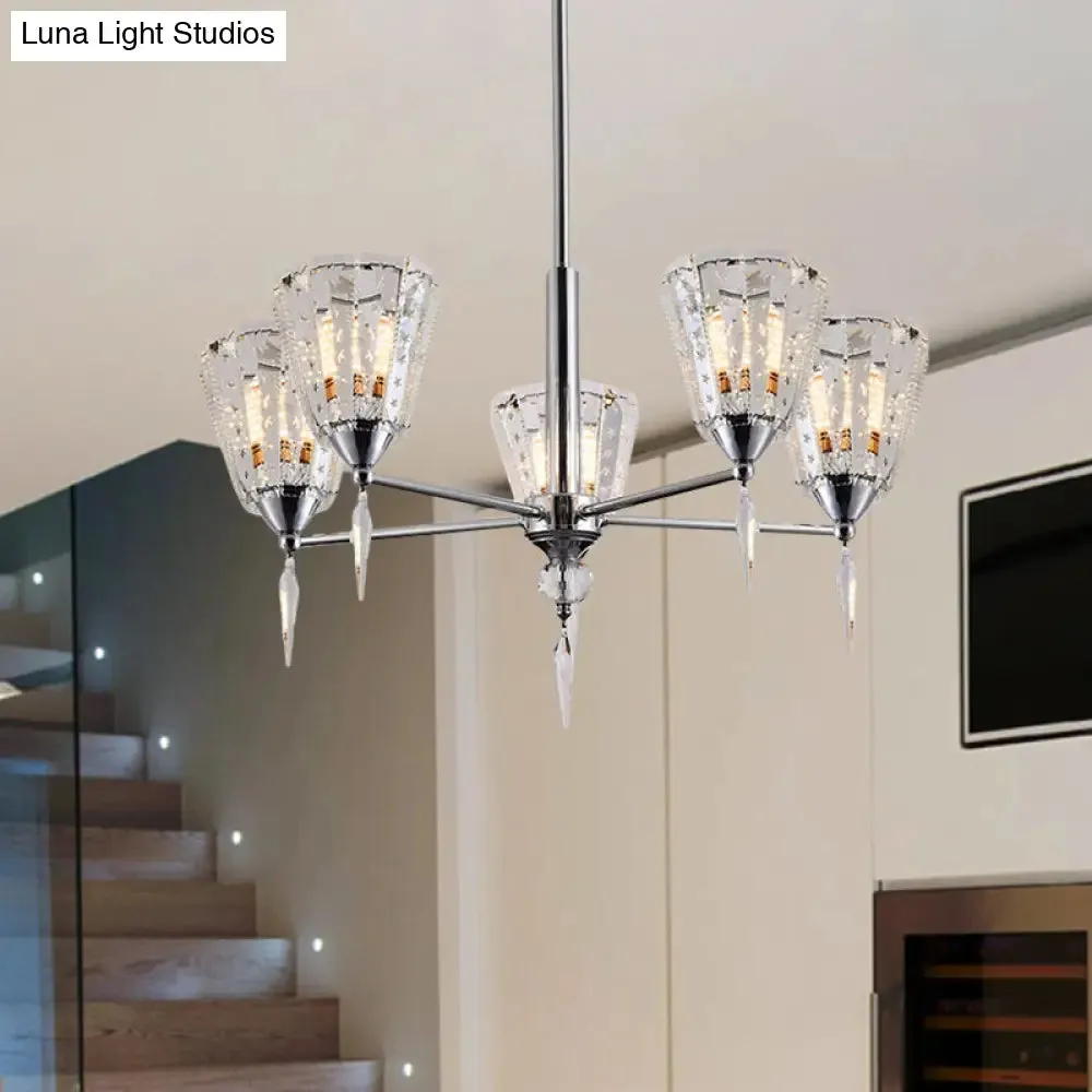 Clear Crystal Cone Shade Chandelier with Straight Metal Arms in Chrome