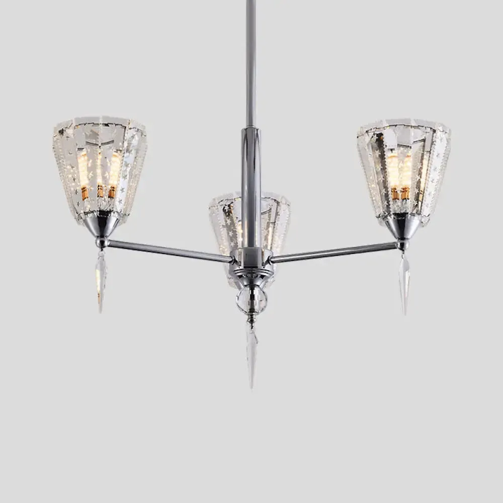 Clear Crystal Cone Shade Chandelier with Straight Metal Arms in Chrome