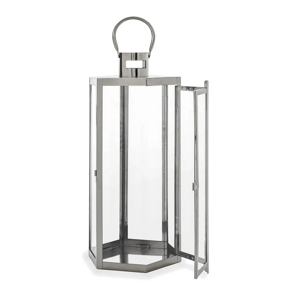 Clerk Lantern, Silver Stainless Steel Hexagonal, Tempered Glass, 23 Inch By Casagear Home