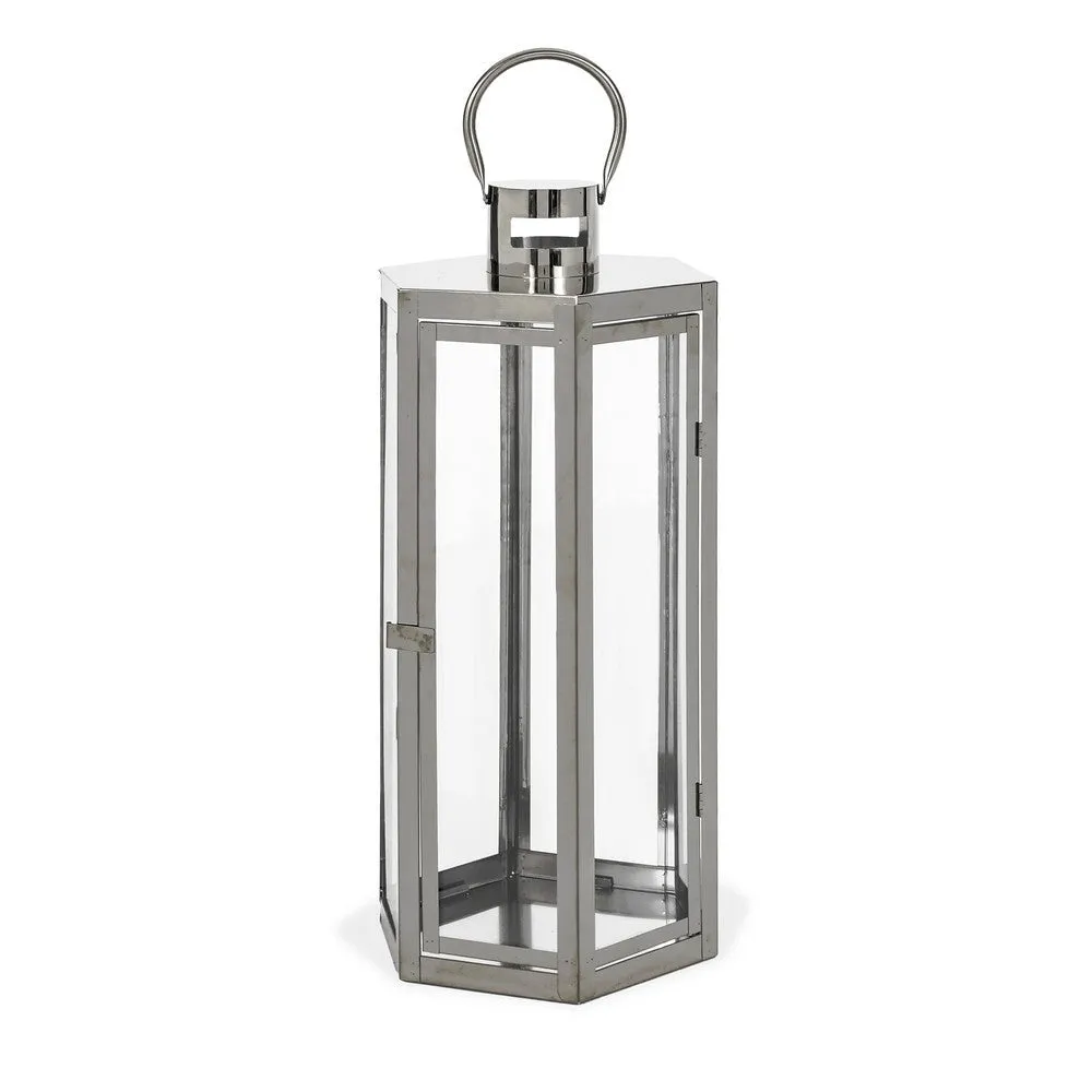 Clerk Lantern, Silver Stainless Steel Hexagonal, Tempered Glass, 23 Inch By Casagear Home