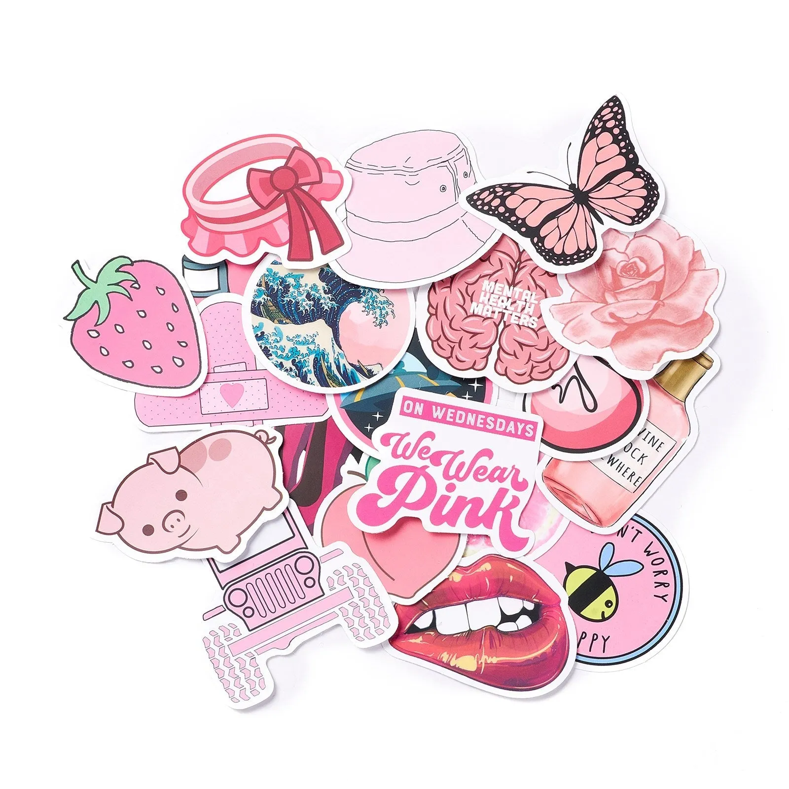 Craspire Mix Pattern Cartoon Stickers, Vinyl Waterproof Decals, for Water Bottles Laptop Phone Skateboard Decoration, Pink, 5.3x3x0.02cm,50pcs/bag