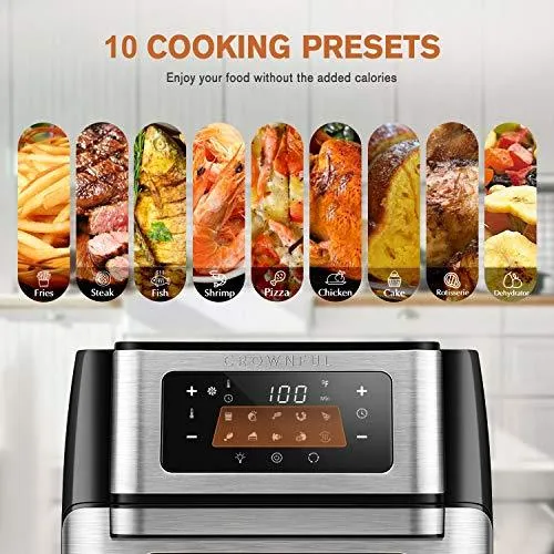 CROWNFUL 10-in-1 Air Fryer Toaster Oven, Convection Roaster with Rotisserie & Dehydrator, 10.6 Quart, Digital LCD Touch Screen, Accessories and Recipe Included