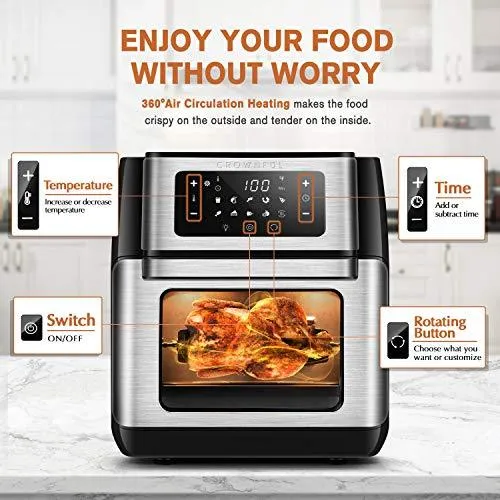 CROWNFUL 10-in-1 Air Fryer Toaster Oven, Convection Roaster with Rotisserie & Dehydrator, 10.6 Quart, Digital LCD Touch Screen, Accessories and Recipe Included