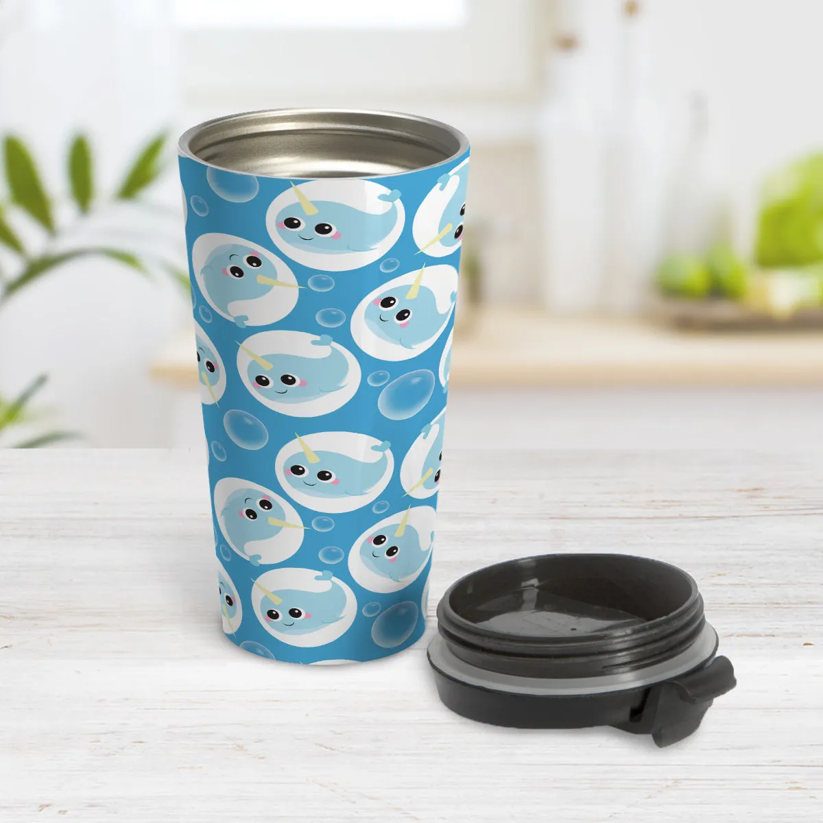 Cute Blue Narwhal Bubble Pattern Travel Mug