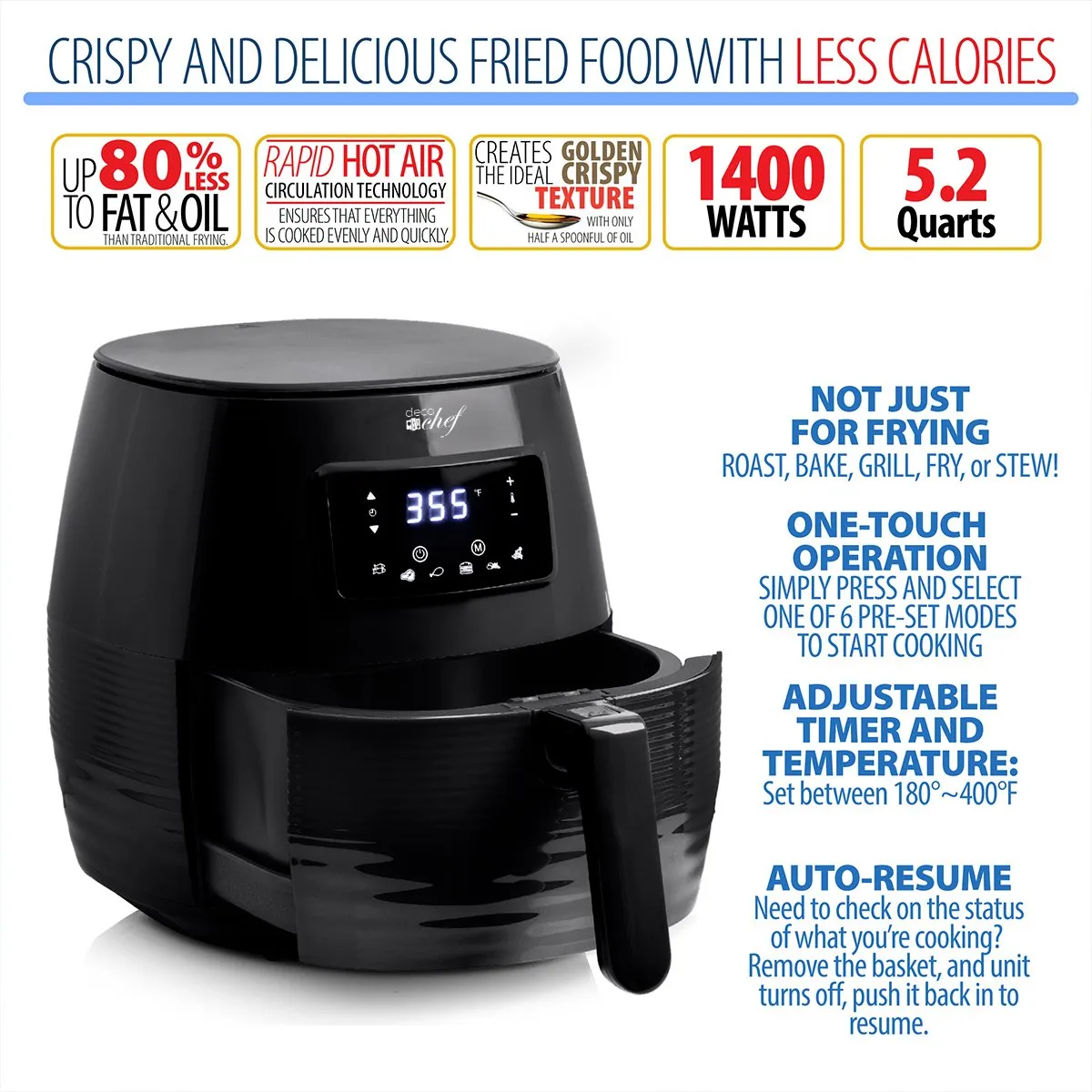 Deco Chef Digital 5.8QT Electric Air Fryer For Healthy Frying - Black - Refurbished