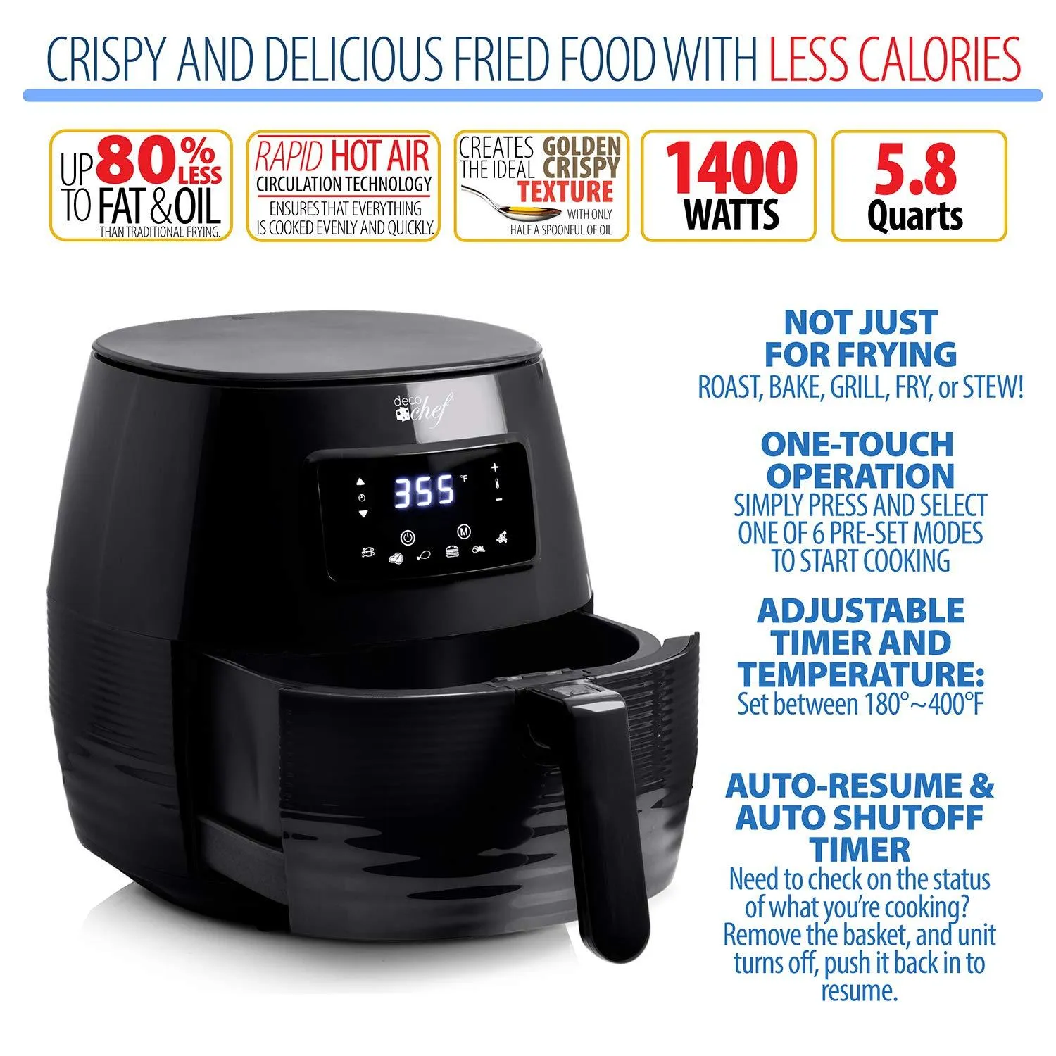 Deco Chef Digital 5.8QT Electric Air Fryer For Healthy Frying - Black - Refurbished