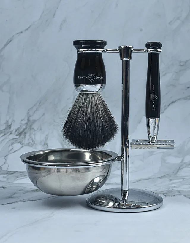 Edwin Jagger - Diffusion 72 Series - 4pc Set, Double Edge Safety Razor, Shaving Brush, Imitation Ebony, Black Synthetic Fibre with Stand and Bowl, Chrome Plated