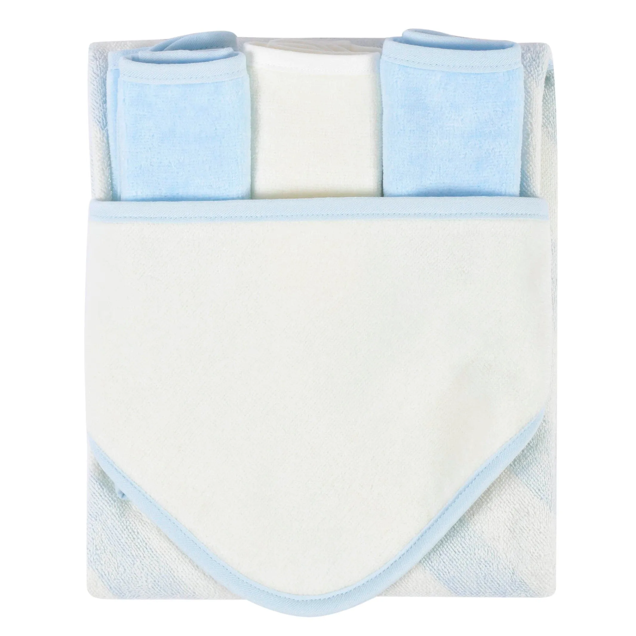 Embroidered 4-Piece Boys Striped Blue Hooded Towel & Washcloths Set