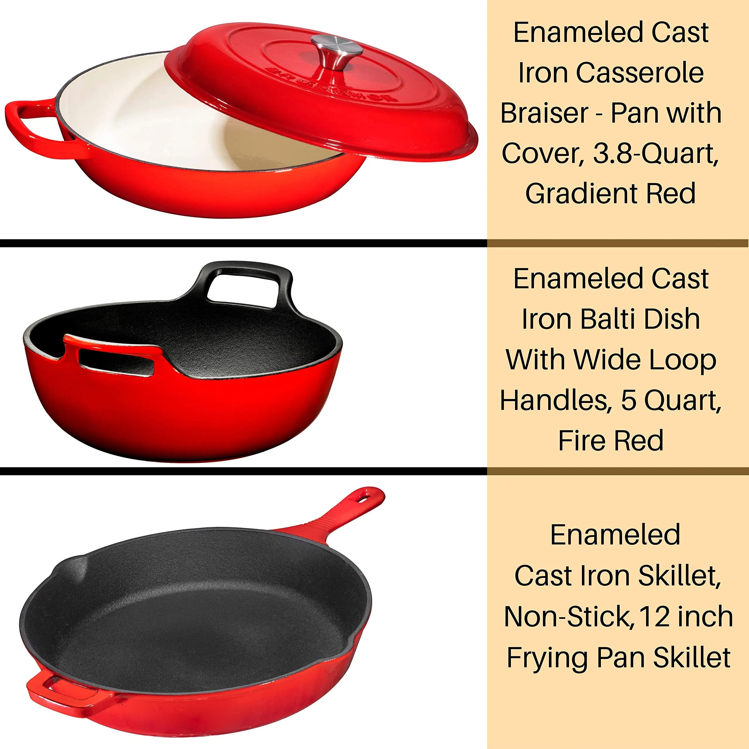 Enameled Cast Iron 3 Piece Bundle Gift Set, 3.8qt. Braiser Pan, 12 inch Skillet & 3qt